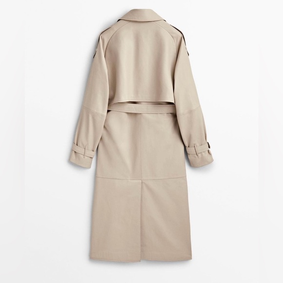 Massimo Dutti ivory leather trench coat with belt classic casual  long jacket - Picture 3 of 12